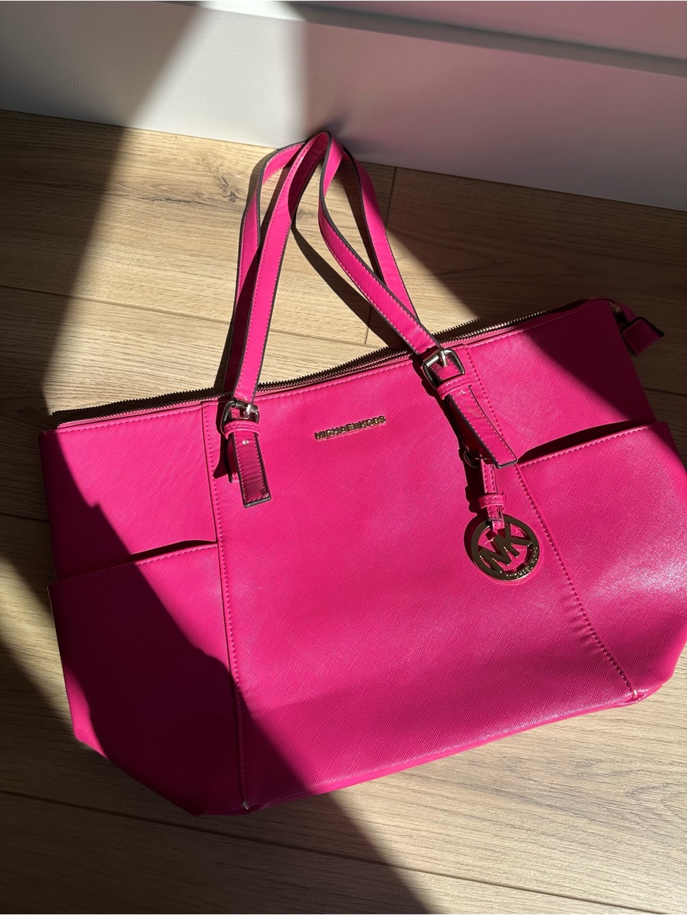 Michael Kors Hot Pink Saffiano Leather Large Tote Bag MK Charm